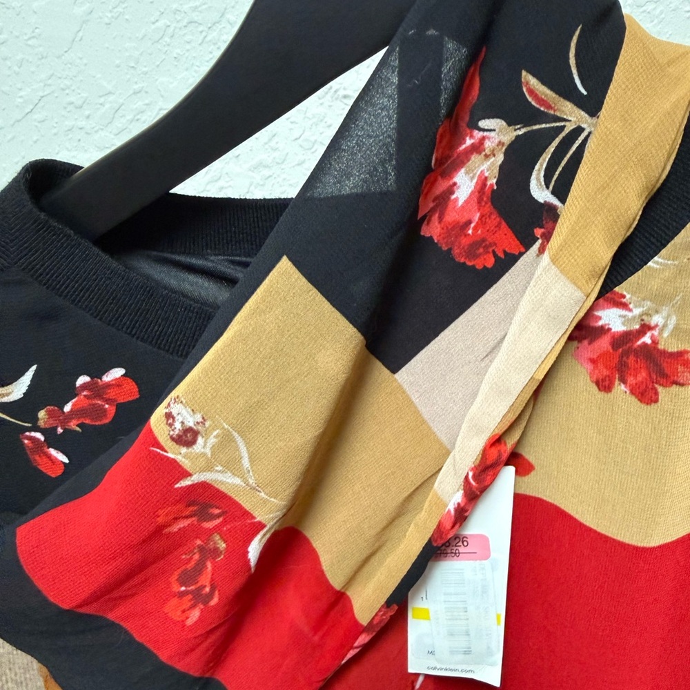 Calvin Klein Floral Colorblock Blouse in Black, Red & Tan - Picture 4 of 5